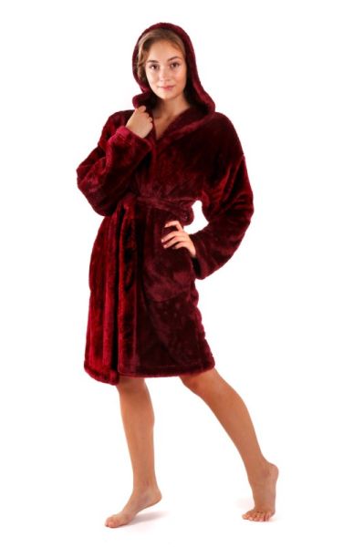Krátký župan LILLY extra chlupatý s kapucí - Vínová, vel. L-XL, galerie